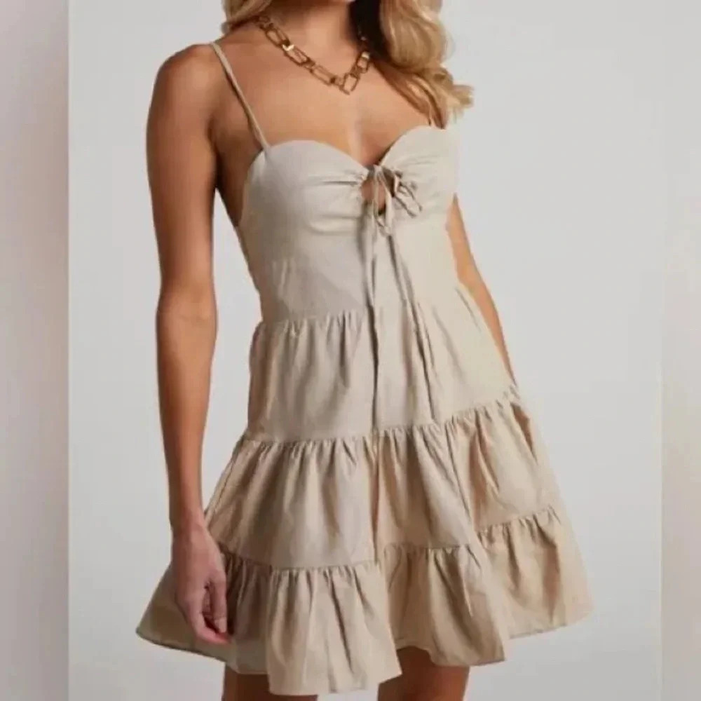 New NWT Showpo Evah tie front tiered linen Mini Dress size 16 in sand